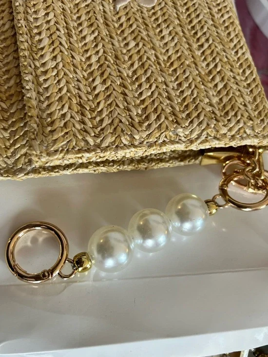 Dior Beige Straw Clutch with Pearl Handle and Gold Ring w gold chain crossbody - Picture 3 of 6